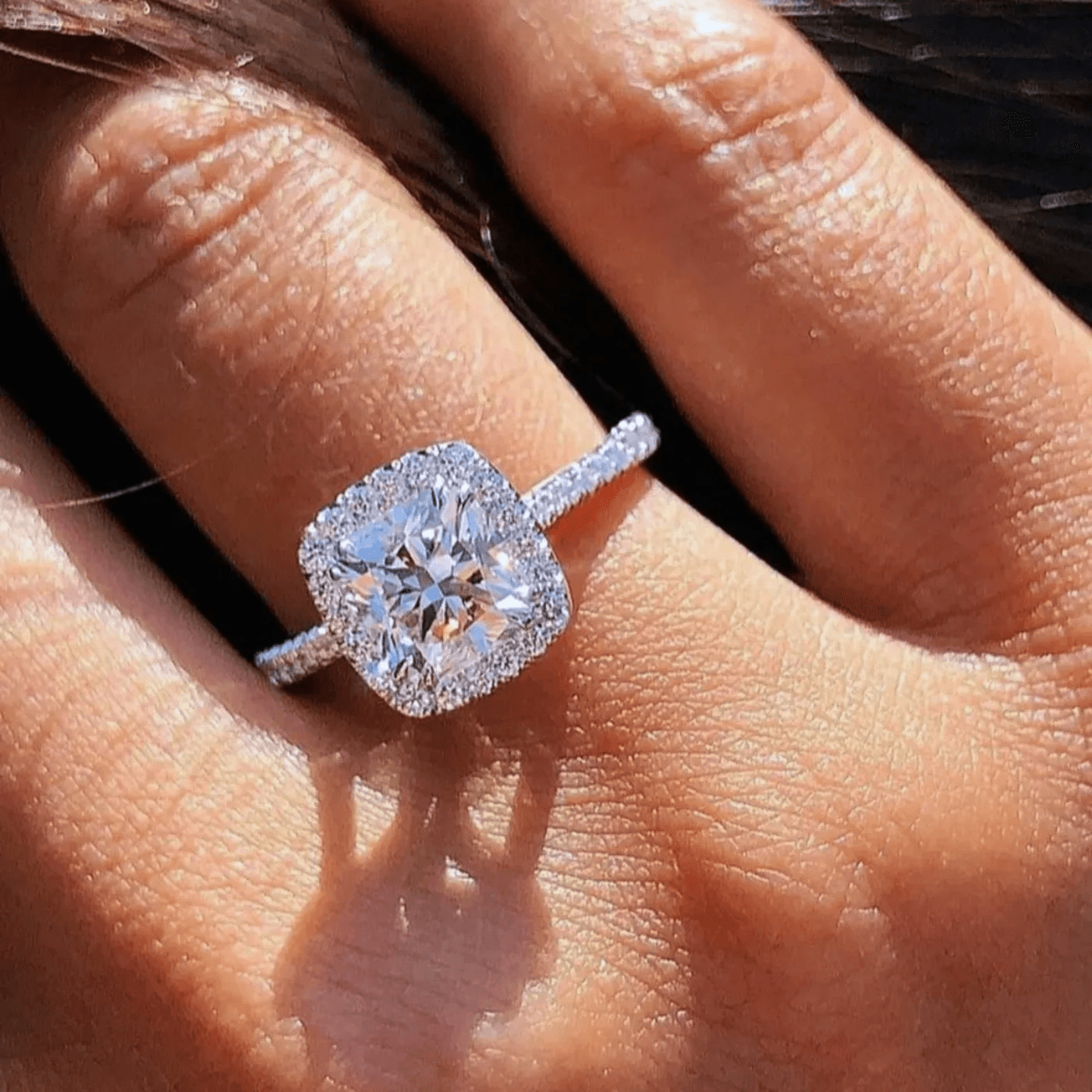 Cushion cut lab grown diamond with soft rounded corners and chunky facets